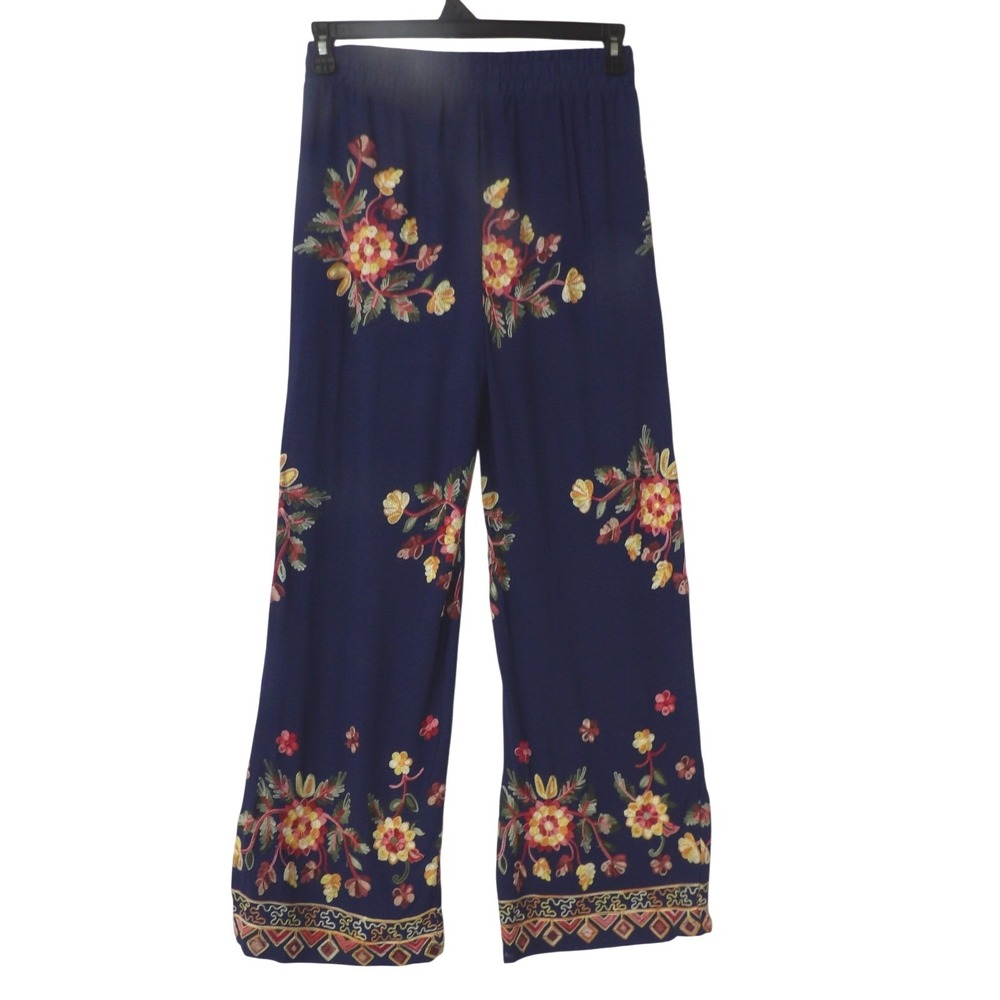LIV LOS ANGELES Navy Blue Floral Embroidered Wide Leg Pants Size Small - Picture 2 of 3